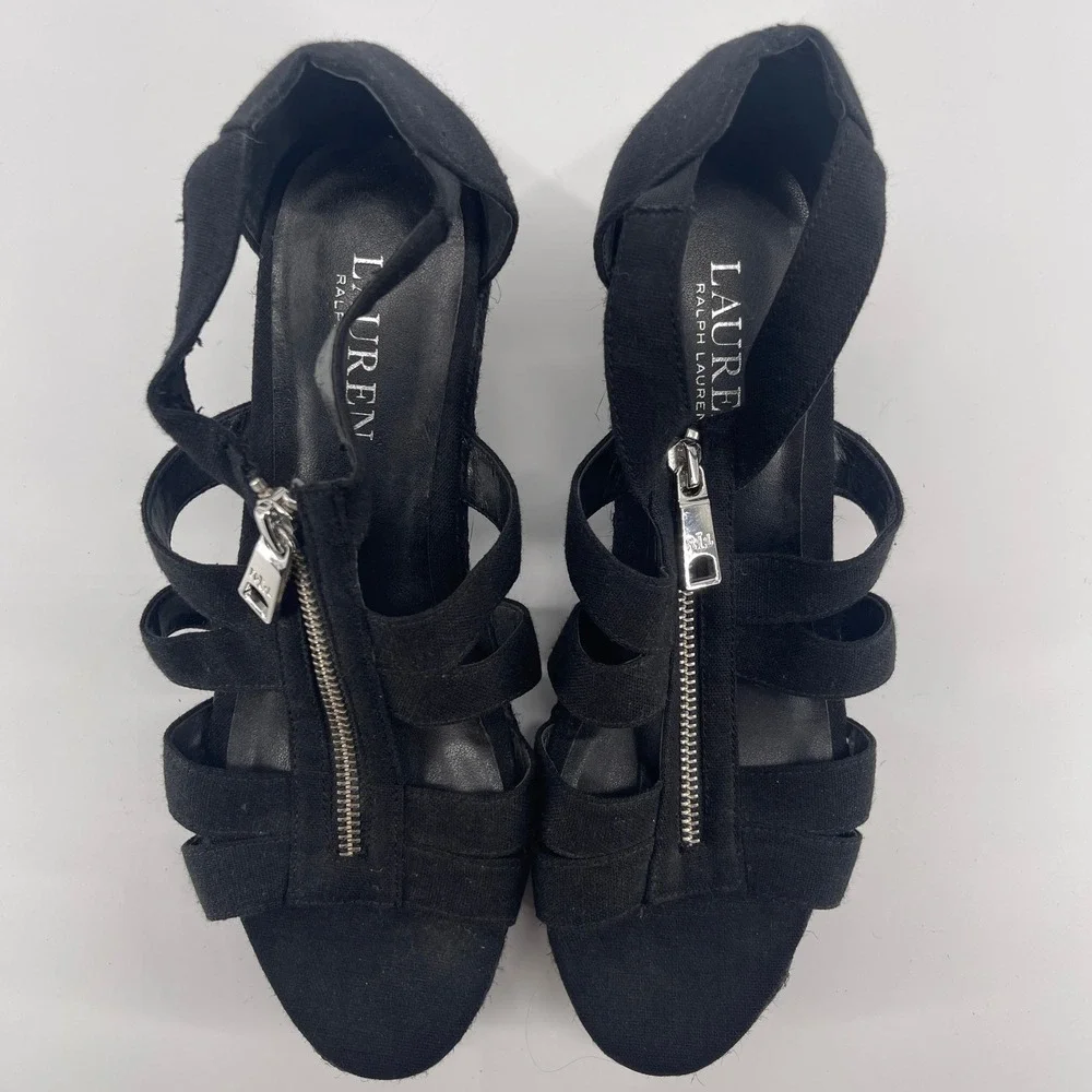 Lauren Ralph Lauren Kelcie Black Espadrille Wedge Heel‎ Sandals 8.5 B